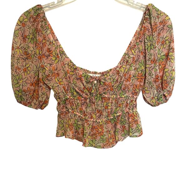 Miss Selfridge NEW Floral Milkmaid Top Womens Size 6 Pink Cropped Peplum ASOS - Picture 2 of 11